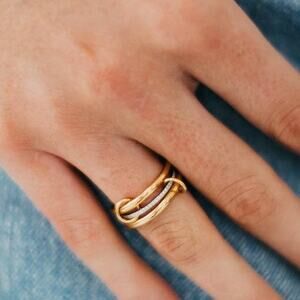 Triple Layered Crystal Stacked Ring Waterproof Mixed Metal Gold Silver